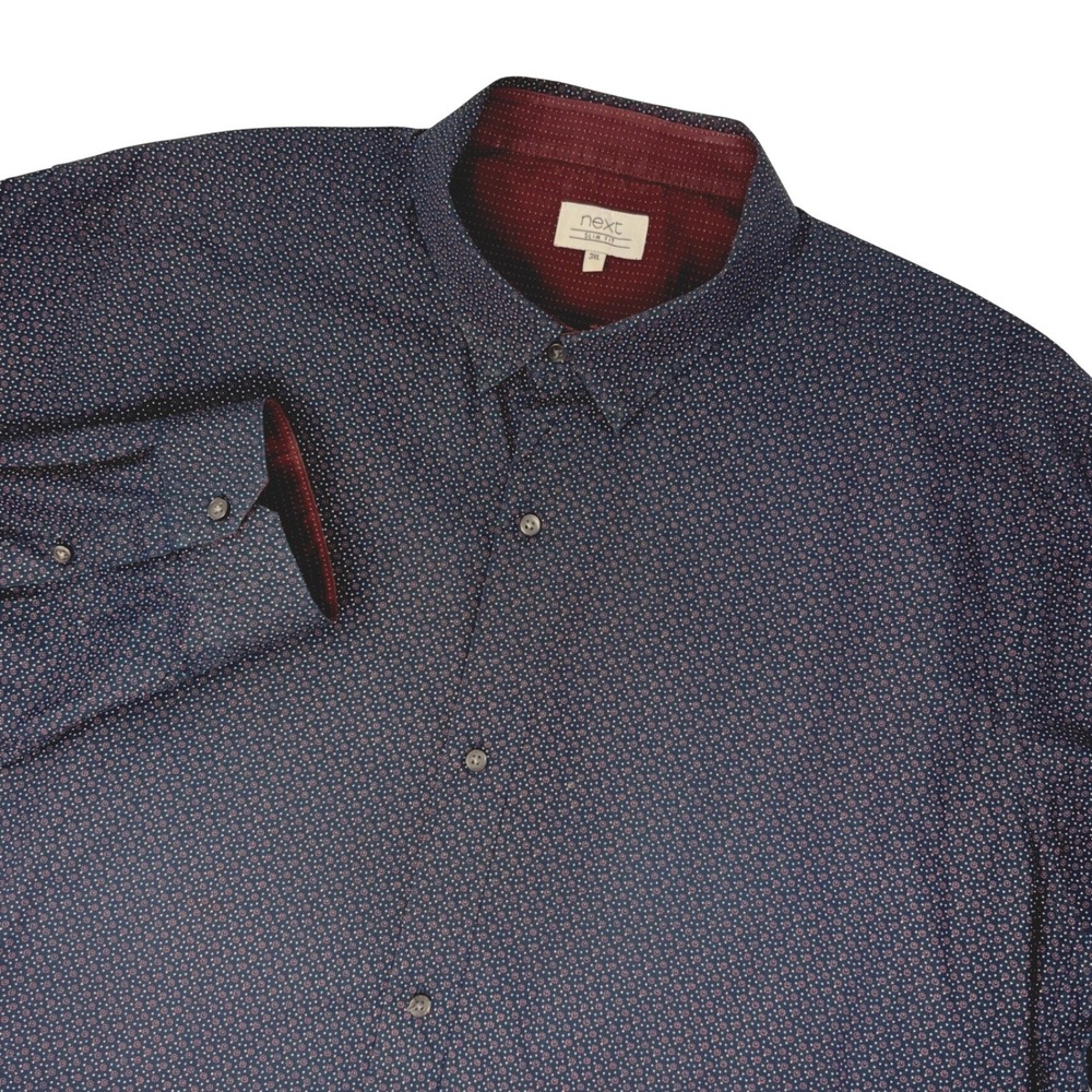 NEXT Mens 3XL Slim Fit Black Burgundy Geometric Micro Print‎ Button Down Shirt